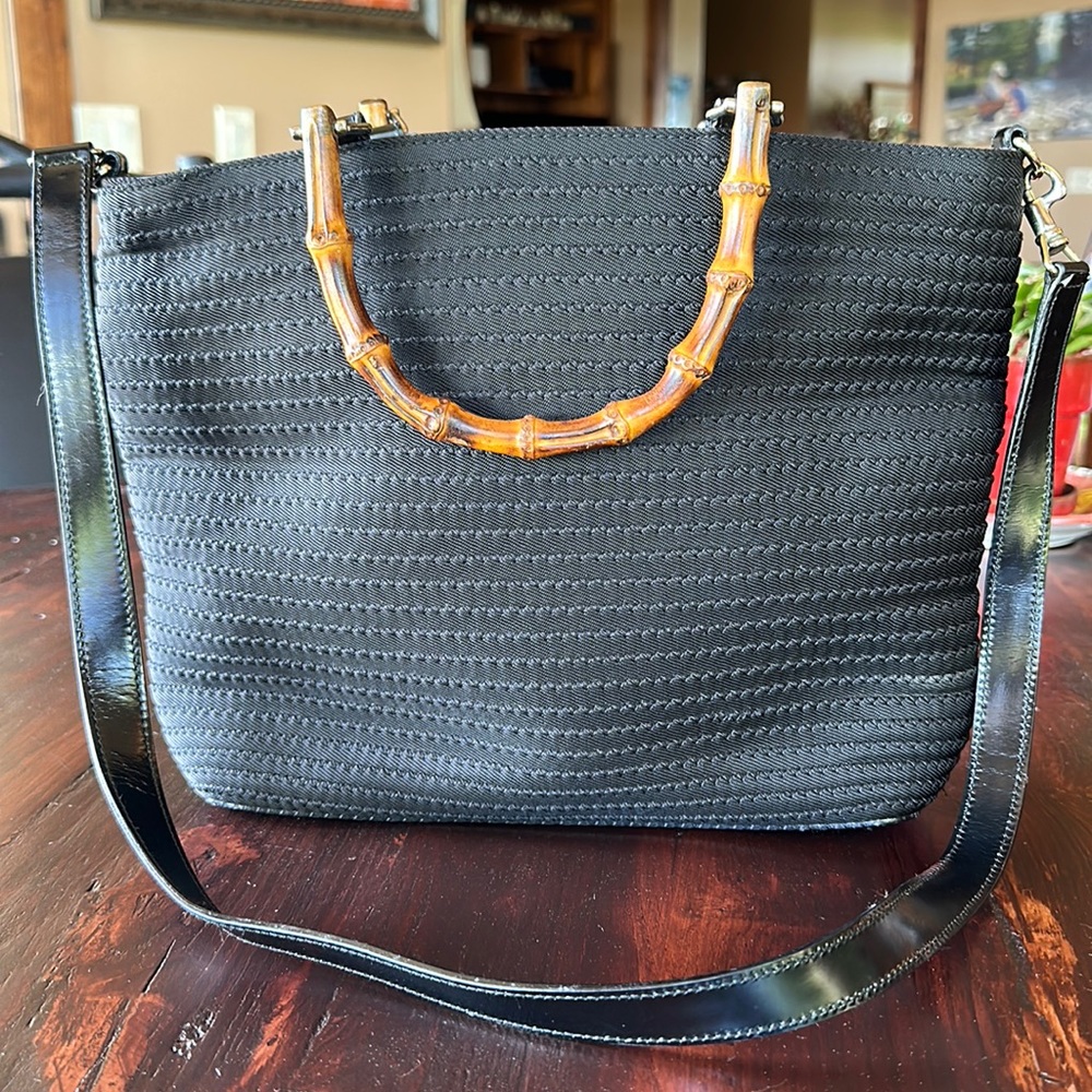 Gucci Bamboo Nylon Stitch Detail Leather 2 Way Tote Shoulder Bag Black Vintage